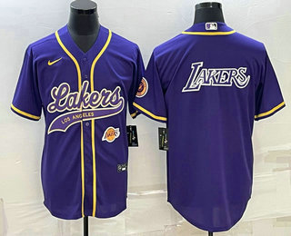 Men's Los Angeles Lakers Purple Big Logo With Patch Cool Base Stitched Baseball Jersey 01