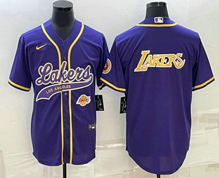 Men's Los Angeles Lakers Purple Big Logo With Patch Cool Base Stitched Baseball Jersey