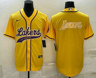 Men's Los Angeles Lakers Yellow Big Logo Cool Base Stitched Baseball Jersey 02