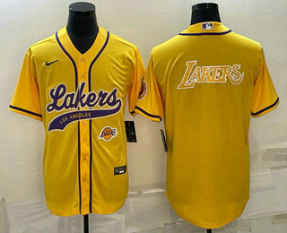 Men's Los Angeles Lakers Yellow Big Logo With Patch Cool Base Stitched Baseball Jersey 01