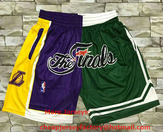Men's Los Angeles Lakers and Boston Celtics Purle With Green 2008 The Finals Patch Split Hardwood Classics Soul Swingman Throwback Shorts