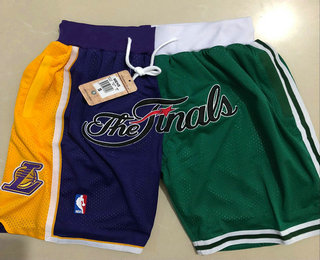 Men's Los Angeles Lakers and Boston Celtics Purle With Green 2008 The Finals Patch Split Shorts