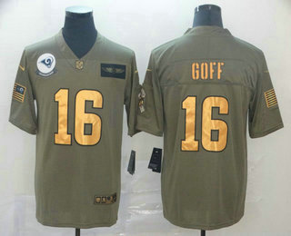 Men's Los Angeles Rams #16 Jared Goff Olive Gold 2019 Salute To Service Stitched NFL Nike Limited Jersey