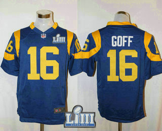 Men's Los Angeles Rams #16 Jared Goff Royal Blue 2019 Super Bowl LIII Patch Alternate NFL Nike Game Jersey