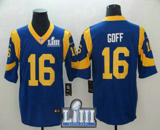 Men's Los Angeles Rams #16 Jared Goff Royal Blue 2019 Super Bowl LIII Patch Vapor Untouchable Stitched NFL Nike Limited Jersey
