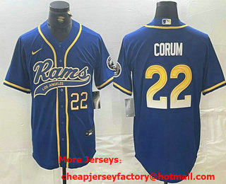 Men's Los Angeles Rams #22 Blake Corum Number Royal With Patch Cool Base Stitched Baseball Jersey