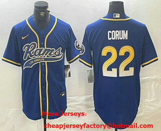 Men's Los Angeles Rams #22 Blake Corum Royal With Patch Cool Base Stitched Baseball Jersey