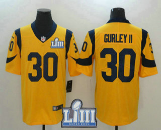 Men's Los Angeles Rams #30 Todd Gurley Gold 2019 Super Bowl LIII Patch Color Rush Stitched NFL Nike Limited Jersey