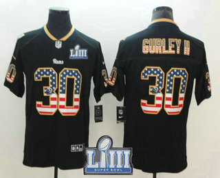 Men's Los Angeles Rams #30 Todd Gurley II 2019 Super Bowl LIII Patch USA Flag Fashion Black Color Rush Stitched Nike Limited Jersey