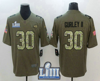 Men's Los Angeles Rams #30 Todd Gurley II Olive With Camo 2019 Super Bowl LIII Patch Salute To Service Stitched NFL Nike Limited Jersey