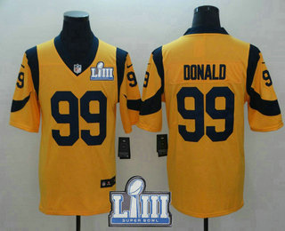 Men's Los Angeles Rams #99 Aaron Donald Gold 2019 Super Bowl LIII Patch Color Rush Stitched NFL Nike Limited Jersey