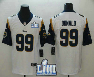 Men's Los Angeles Rams #99 Aaron Donald White 2019 Super Bowl LIII Patch Vapor Untouchable Stitched NFL Nike Limited Jersey