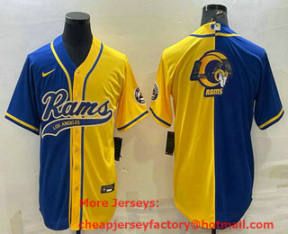 Men's Los Angeles Rams Royal Yellow Split Team Big Logo With Patch Cool Base Stitched Baseball Jersey