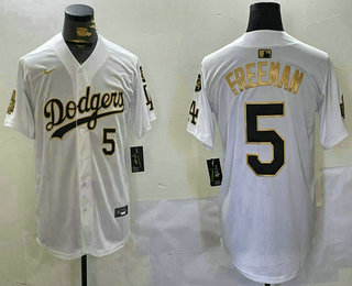Men's Los Men's Los Angeles Dodgers #5 Freddie Freeman White Gold 2024 World Series 34 Patch Stitched Limited Jersey