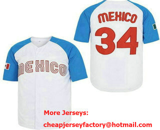Men's Mexico #34 Fernando Valenzuela White Blue Mexico Baseball Jersey