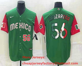 Men's Mexico Baseball #56 Randy Arozarena Number 2023 Green Red World Classic Stitched Jersey 11