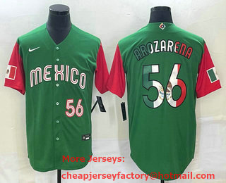 Men's Mexico Baseball #56 Randy Arozarena Number 2023 Green Red World Classic Stitched Jersey 13
