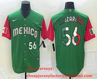Men's Mexico Baseball #56 Randy Arozarena Number 2023 Green Red World Classic Stitched Jersey 16