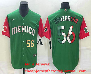 Men's Mexico Baseball #56 Randy Arozarena Number 2023 Green Red World Classic Stitched Jersey 17