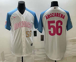 Men's Mexico Baseball #56 Randy Arozarena Number 2023 White Blue World Classic Stitched Jersey 01