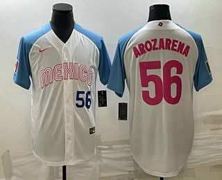 Men's Mexico Baseball #56 Randy Arozarena Number 2023 White Blue World Classic Stitched Jersey 02