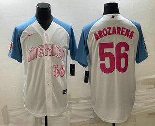 Men's Mexico Baseball #56 Randy Arozarena Number 2023 White Blue World Classic Stitched Jersey 03