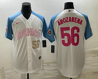 Men's Mexico Baseball #56 Randy Arozarena Number 2023 White Blue World Classic Stitched Jersey 04