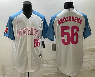 Men's Mexico Baseball #56 Randy Arozarena Number 2023 White Blue World Classic Stitched Jersey 05