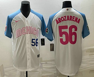 Men's Mexico Baseball #56 Randy Arozarena Number 2023 White Blue World Classic Stitched Jersey 06