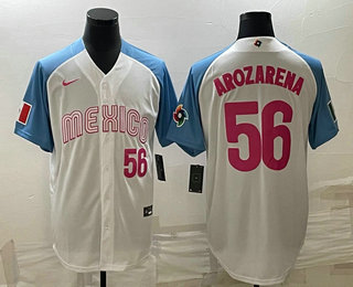 Men's Mexico Baseball #56 Randy Arozarena Number 2023 White Blue World Classic Stitched Jersey 07