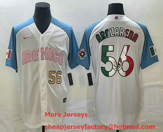 Men's Mexico Baseball #56 Randy Arozarena Number 2023 White Blue World Classic Stitched Jersey 201