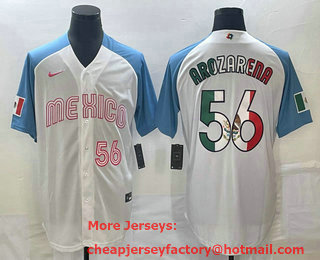 Men's Mexico Baseball #56 Randy Arozarena Number 2023 White Blue World Classic Stitched Jersey 202