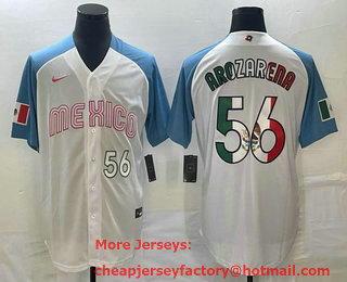 Men's Mexico Baseball #56 Randy Arozarena Number 2023 White Blue World Classic Stitched Jersey 203