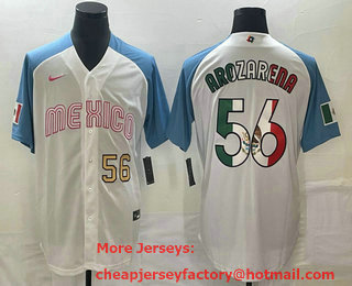 Men's Mexico Baseball #56 Randy Arozarena Number 2023 White Blue World Classic Stitched Jersey 204