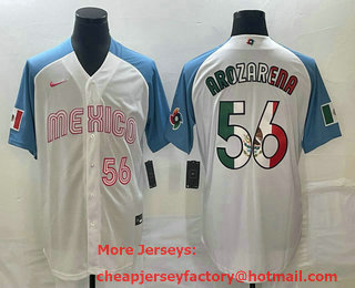 Men's Mexico Baseball #56 Randy Arozarena Number 2023 White Blue World Classic Stitched Jersey 205