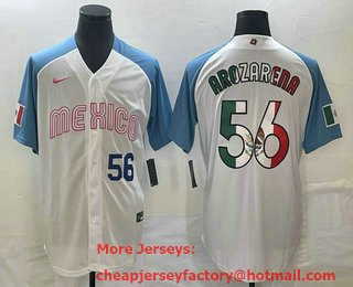 Men's Mexico Baseball #56 Randy Arozarena Number 2023 White Blue World Classic Stitched Jersey 206