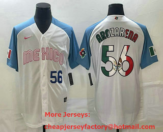 Men's Mexico Baseball #56 Randy Arozarena Number 2023 White Blue World Classic Stitched Jersey 207