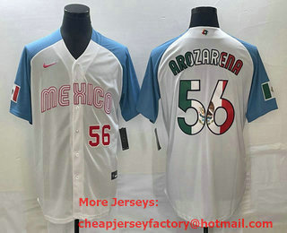 Men's Mexico Baseball #56 Randy Arozarena Number 2023 White Blue World Classic Stitched Jersey 208