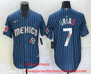 Men's Mexico Baseball #7 Julio Urias Navy Blue Pinstripe 2020 World Series Cool Base Nike Jersey 01