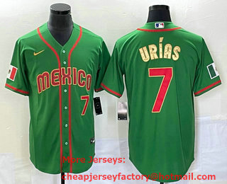 Men's Mexico Baseball #7 Julio Urias Number 2023 Green Red Gold World Baseball Classic Stitched Jersey 21