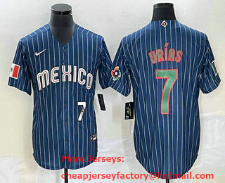 Men's Mexico Baseball #7 Julio Urias Number Navy Blue Pinstripe 2020 World Series Cool Base Nike Jersey 01