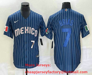 Men's Mexico Baseball #7 Julio Urias Number Navy Blue Pinstripe 2020 World Series Cool Base Nike Jersey 02