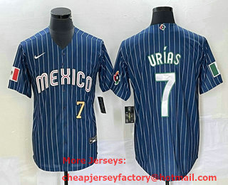 Men's Mexico Baseball #7 Julio Urias Number Navy Blue Pinstripe 2020 World Series Cool Base Nike Jersey 04