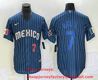 Men's Mexico Baseball #7 Julio Urias Number Navy Blue Pinstripe 2020 World Series Cool Base Nike Jersey 06