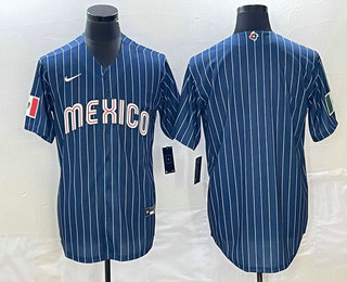 Men's Mexico Baseball Blank 2023 Navy Blue Pinstripe World Baseball Classic Stitched Jersey 22
