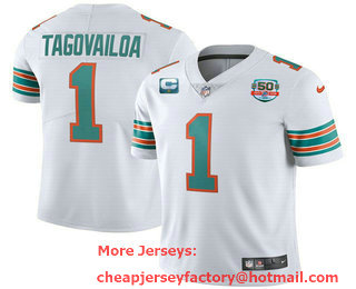 Men's Miami Dolphins #1 Tua Tagovailoa 2022 White With 50th Perfect Season Patch Limited Stitched Jersey 01