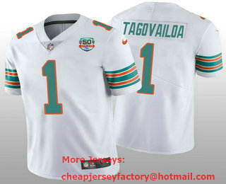 Men's Miami Dolphins #1 Tua Tagovailoa 2022 White With 50th Perfect Season Patch Limited Stitched Jersey 02