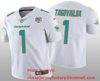 Men's Miami Dolphins #1 Tua Tagovailoa 2022 White With With 50th Perfect Season Patch Limited Stitched Jersey 03