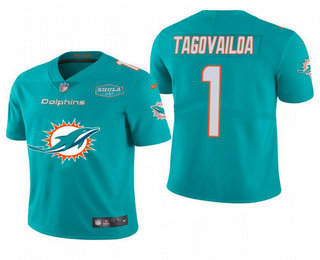 Men's Miami Dolphins #1 Tua Tagovailoa Aqua 2020 Team Big Logo With 347 Shula Patch Limited Stitched NFL Jersey