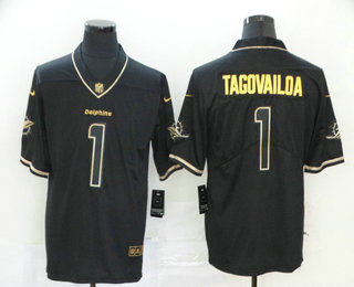 Men's Miami Dolphins #1 Tua Tagovailoa Black 100th Season Golden Edition Jersey